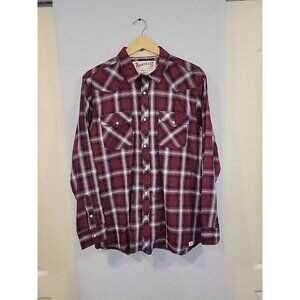 Roebuck‎ and Co Button Down Shirt Mens XL Burgundy Plaid Pearl Snap Western